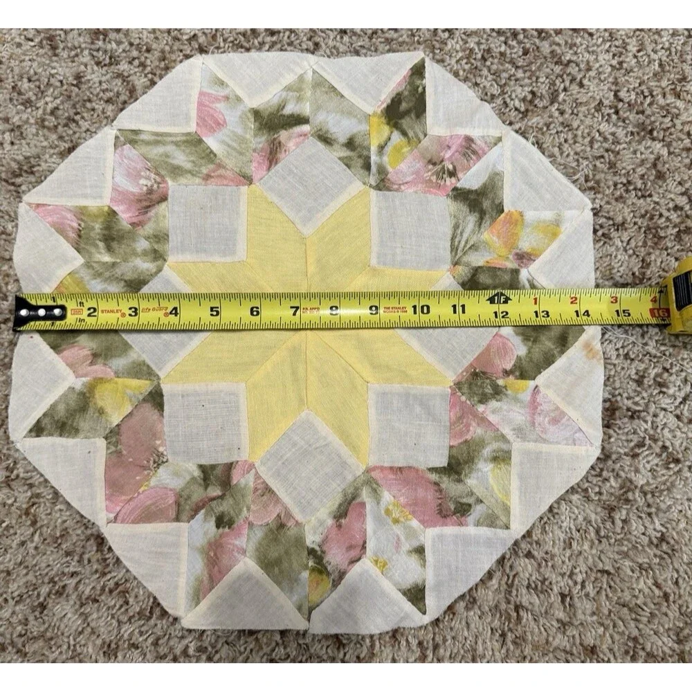 Vintage Hand Pieced Quilt Block Orphan Square 8-Point Star yellow/pink/green 14
